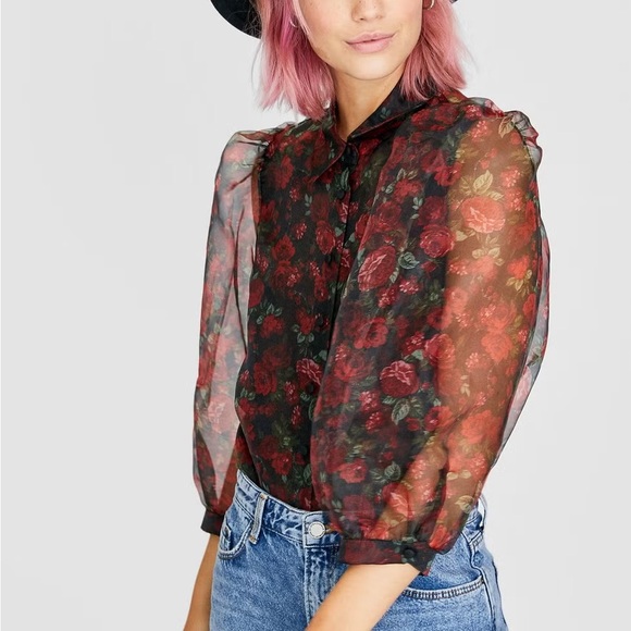 Blashe Tops - ♥️ Blashe Sheer Dramatic Floral Puff Sleeve Blouse